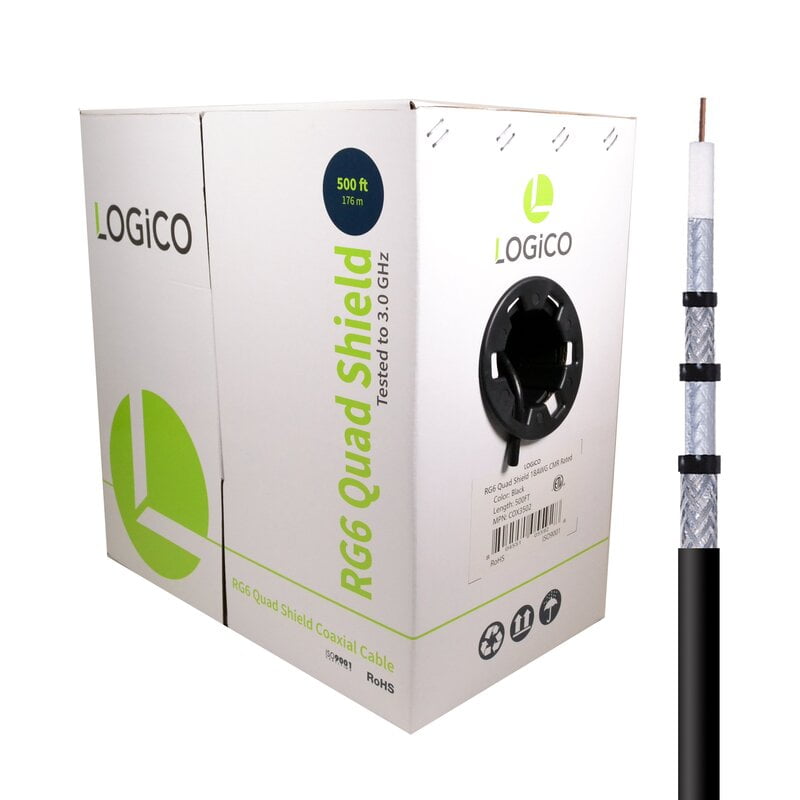 Rg6 Cable 60% Quad Shield Cm Etl 18Awg 500Ft Black Rg6 Cable 60% Quad Shield Cm Etl 18Awg 500Ft Black