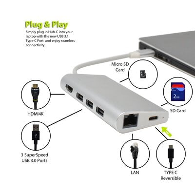 Hub - Type C To 1X Hdmi 4K+ 3Xusb 3.0 + Card Reader With Pd - Silver