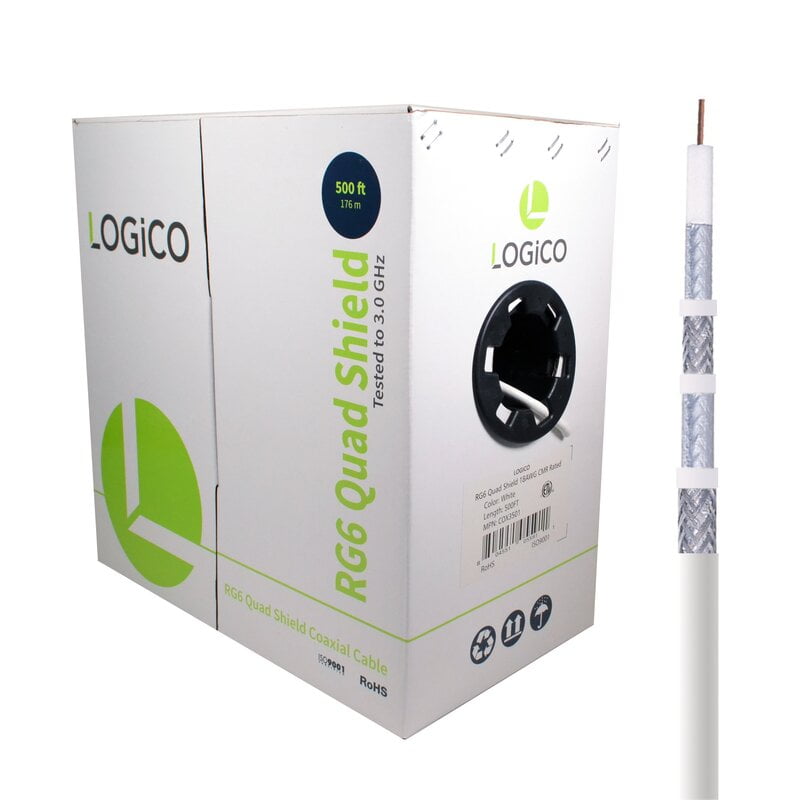 Rg6 Cable 60% Quad Shield Cmr Etl 18Awg 500Ft White Rg6 Cable 60% Quad Shield Cmr Etl 18Awg 500Ft White