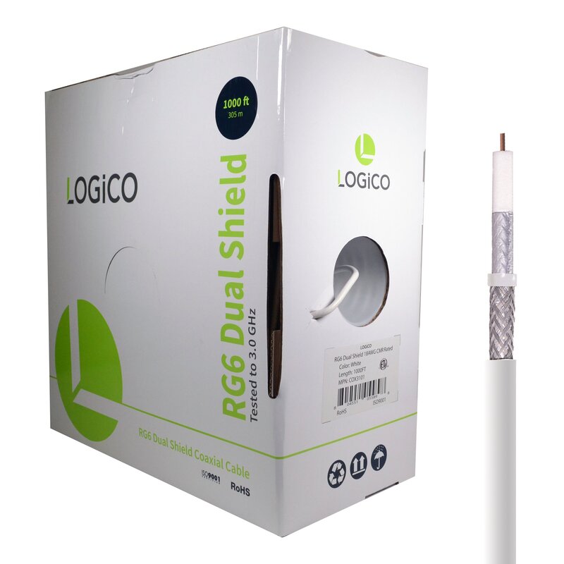 RG6 Cable 60% Dual Shield CMR ETL 18AWG 1000Ft White RG6 Cable 60% Dual Shield CMR ETL 18AWG 1000Ft White